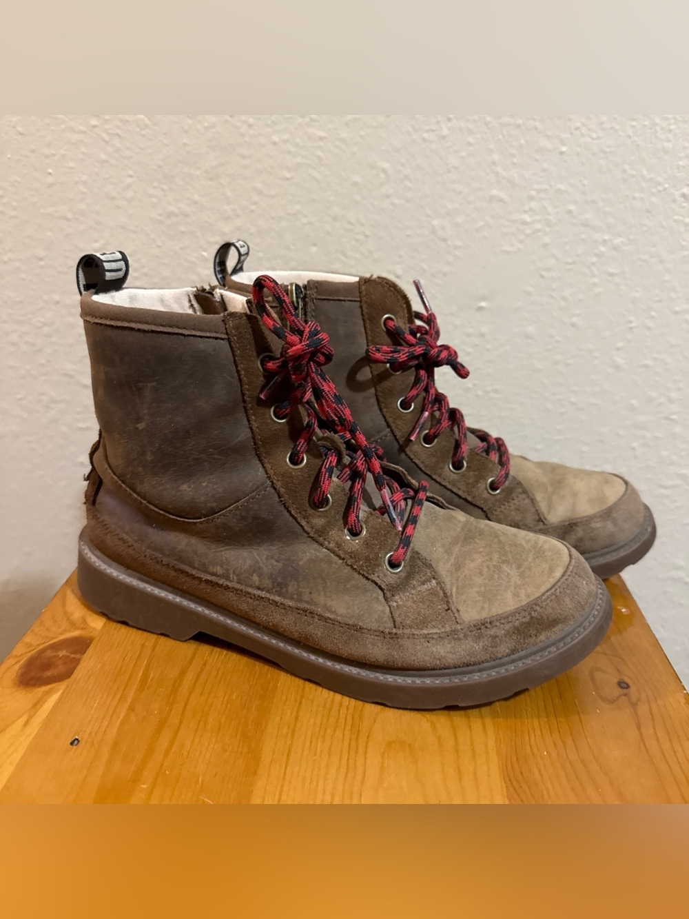 Women’s hiking Brown Suede Lace-Up Ankle Boots with Red-Black Laces